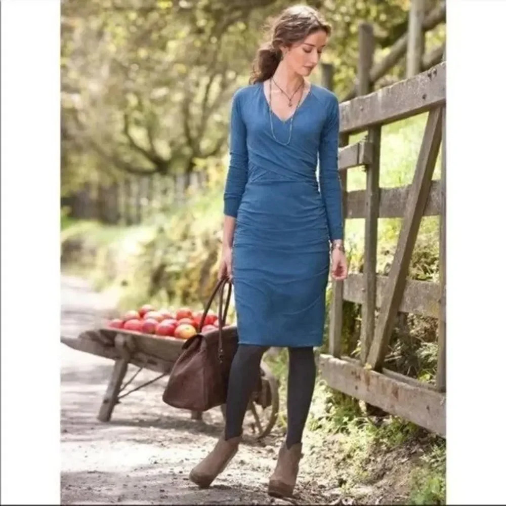 SUNDANCE Eternal Compliment Ruched Dress Blue Long Sleeve Size Medium